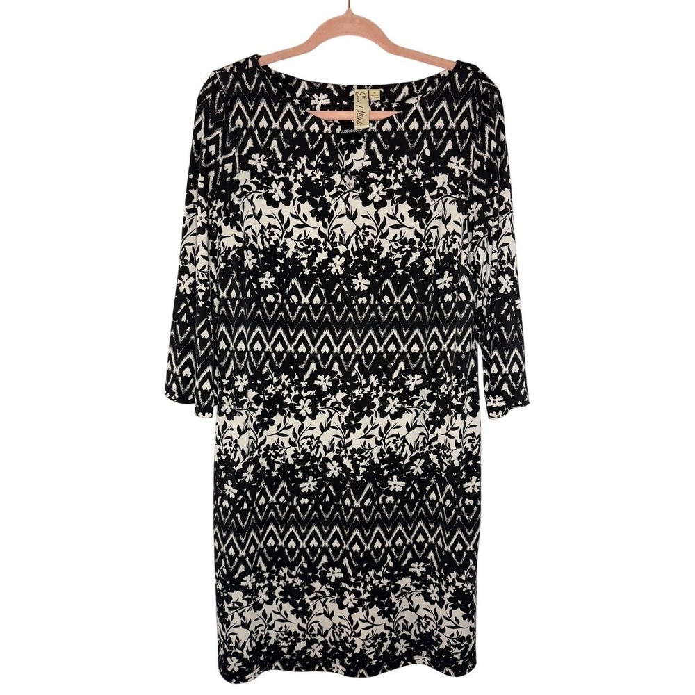 Emma & Michele Sheath Dress Women M Black White Geometric Keyhole 3/4 Sleeve
